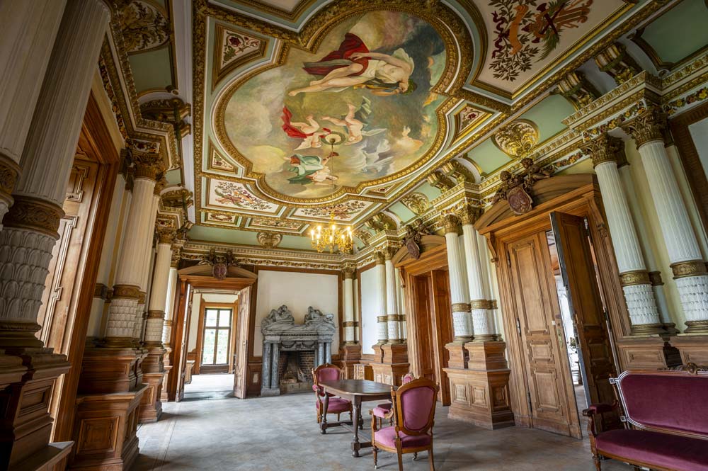 Barokowa sala w Zamku Roztoka z dekoracyjnym sufitem przedstawiającym scenę mitologiczną, kolumnami z pozłacanymi kapitelami i drewnianymi drzwiami. W centrum stoją zabytkowe meble.