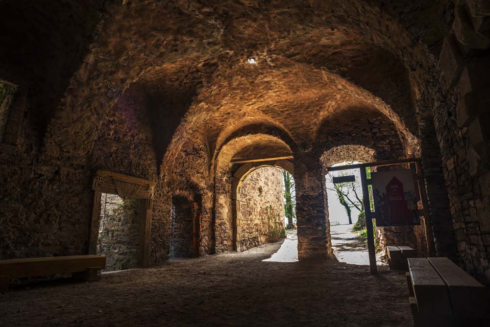 Ciemne, sklepione przejście z kamiennych murów w Zamku Świny. Przez otwarte wejście widać światło dzienne i fragment dziedzińca.