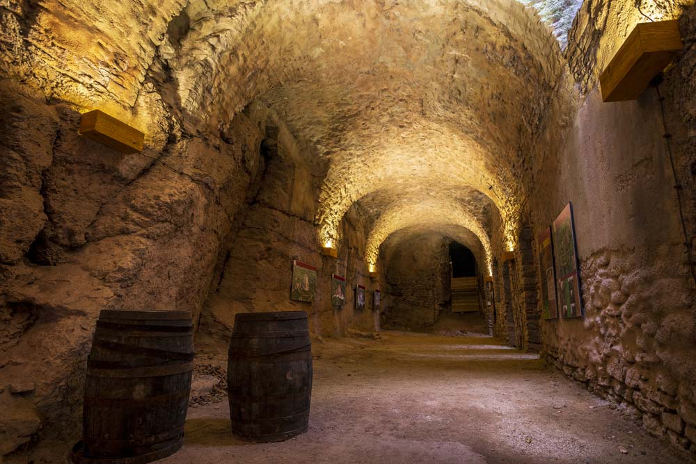 Oświetlone ciepłym światłem podziemia Zamku Świny z kamiennymi ścianami i łukowatym sufitem. W korytarzu stoją drewniane beczki i plansze informacyjne.