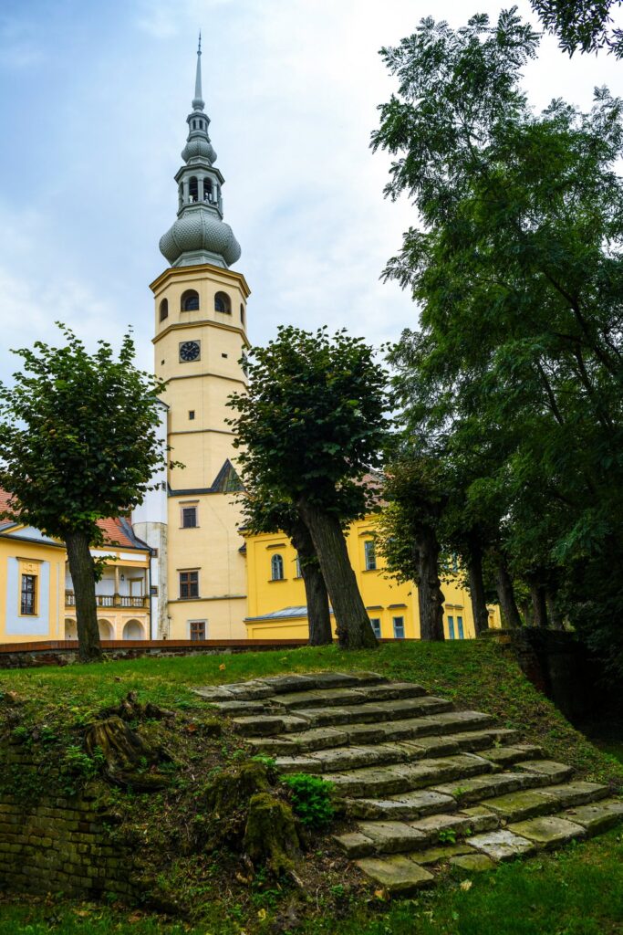 Zewnętrzny widok na wieżę – ujęcie od strony parku, w dole kamienne schodki i trawnik, w tle żółte zabudowania zamku i strzelista wieża.
