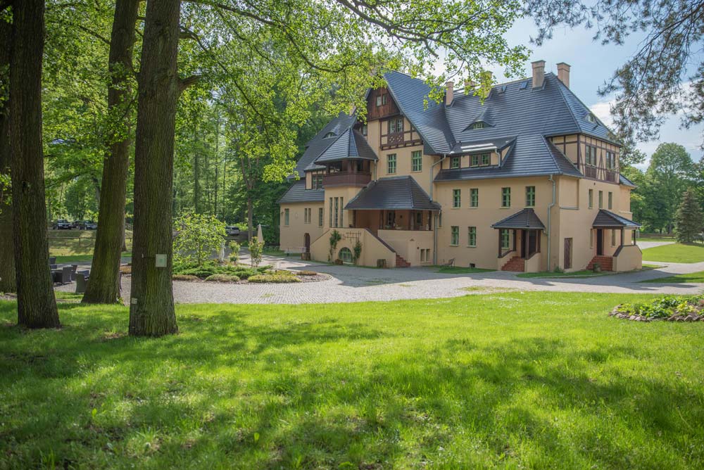 Zamek Bożejów widziany przez parkowe drzewa; rezydencja stoi przy brukowanym podjeździe na zielonej polanie.