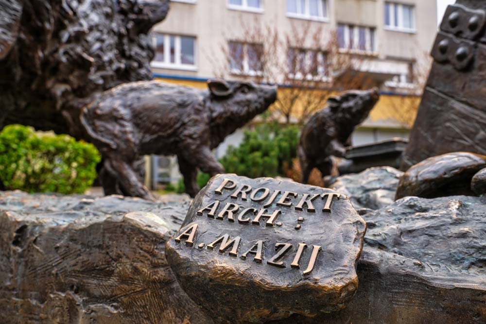 Brązowa tabliczka z napisem PROJEKT ARCH. A. MAZIJ na pomniku dzików w Świdnicy, w tle dwa warchlaki